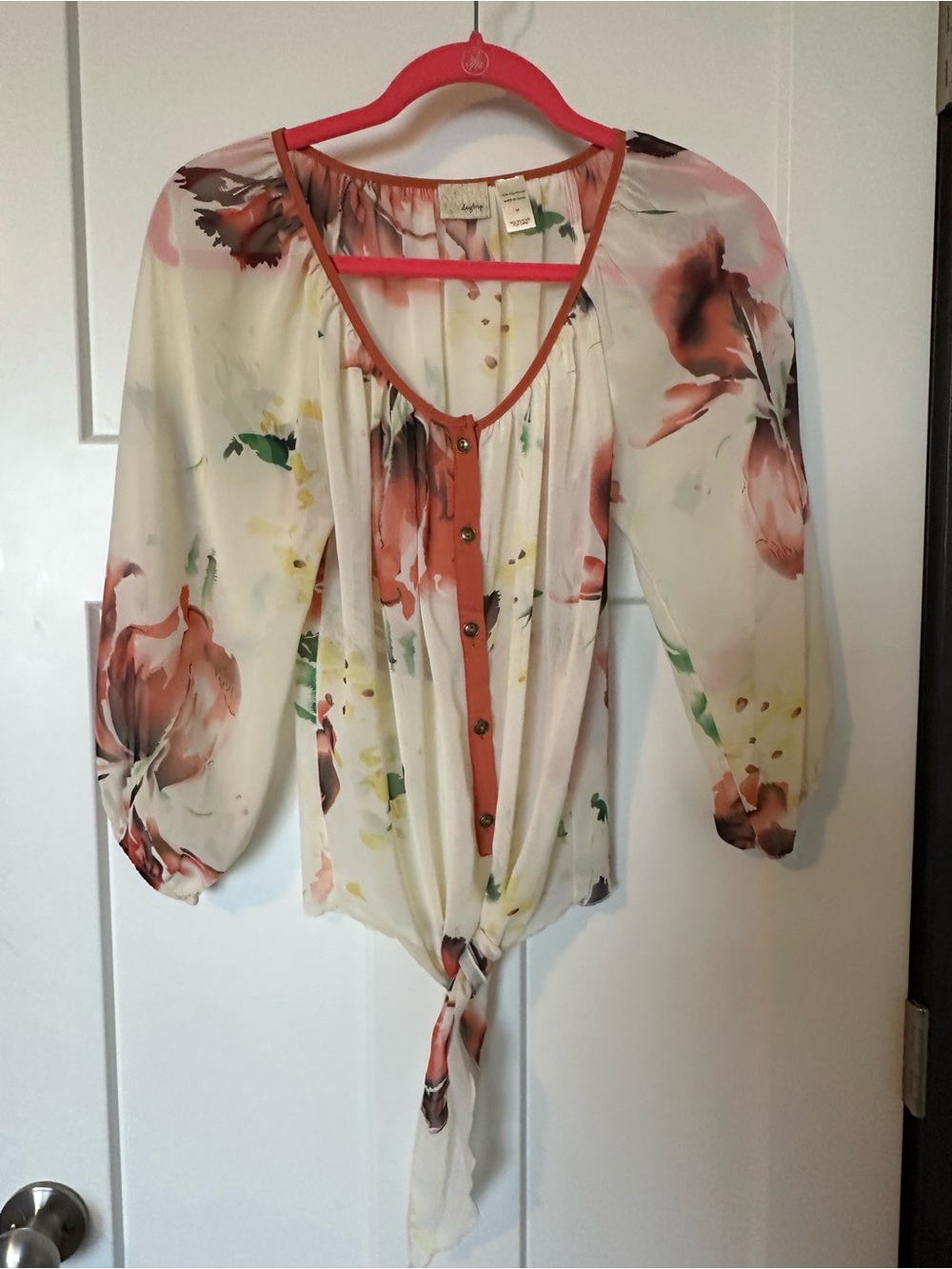 Daytrip Cream Floral Tie-Front Blouse with Rust Trim